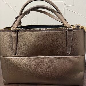 Coach Metallic Bronze Leather Borough Satchel with Dual Handles